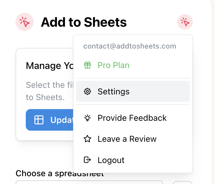 settings dropdown