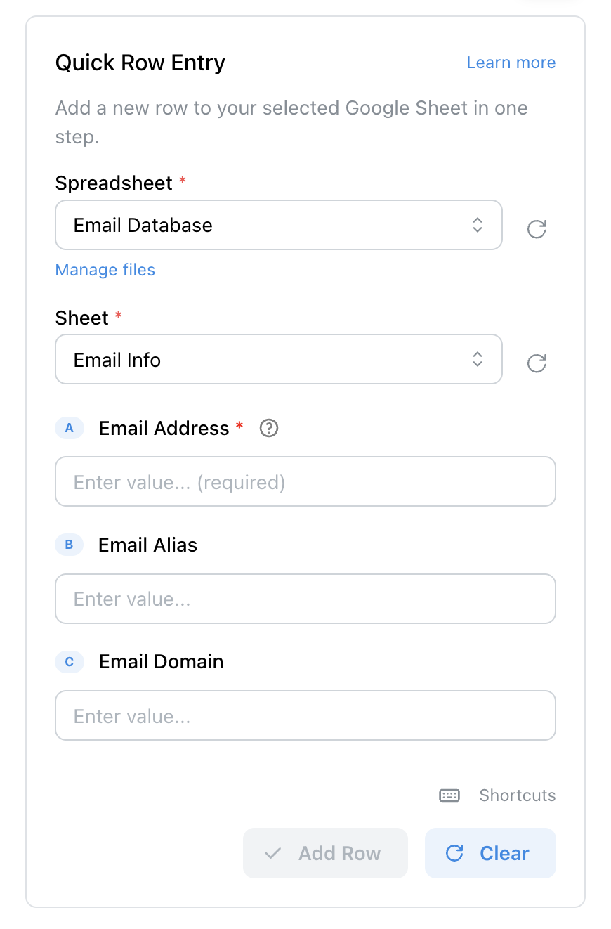 Quick row entry form