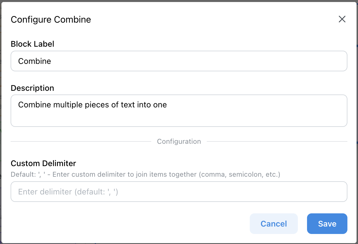 Combine Block - Configuration interface for merging text with delimiters