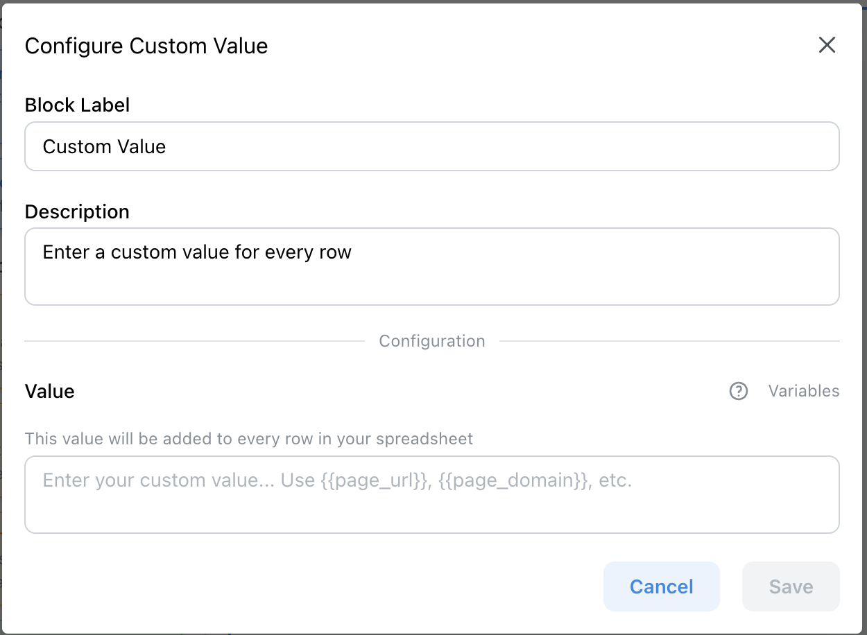 Custom Value Block - Configuration interface for adding static values and formulas