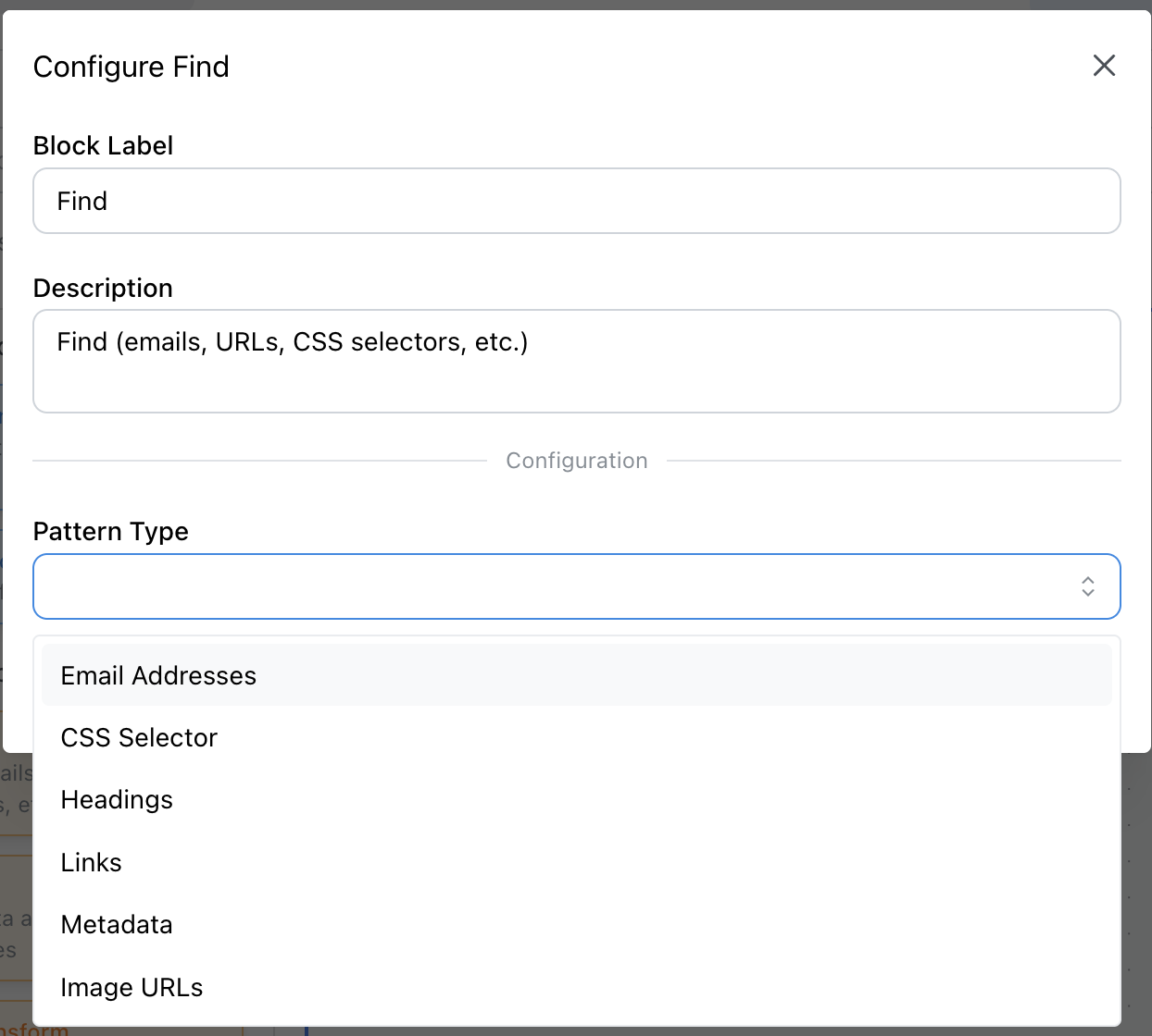 Find Block - Configuration interface for pattern matching and data extraction