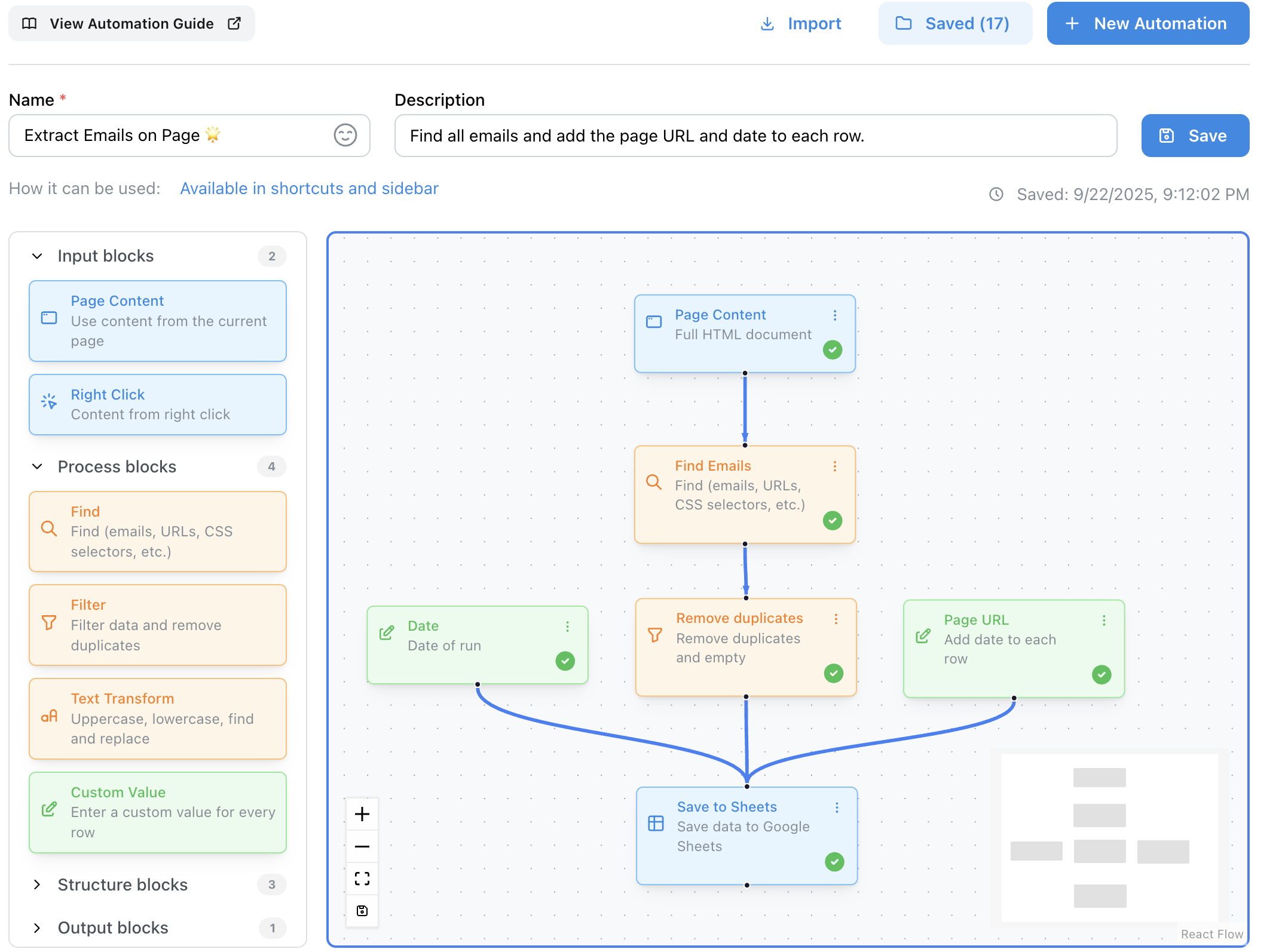 No-code Automations Overview - Visual builder interface showing drag-and-drop blocks for creating data processing workflows