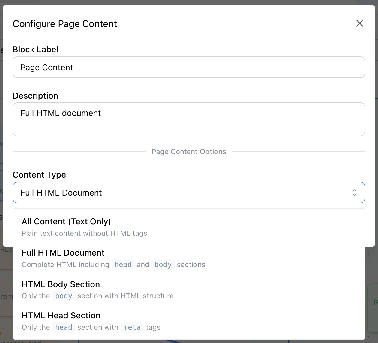 Page Content Block - Configuration interface for extracting webpage content