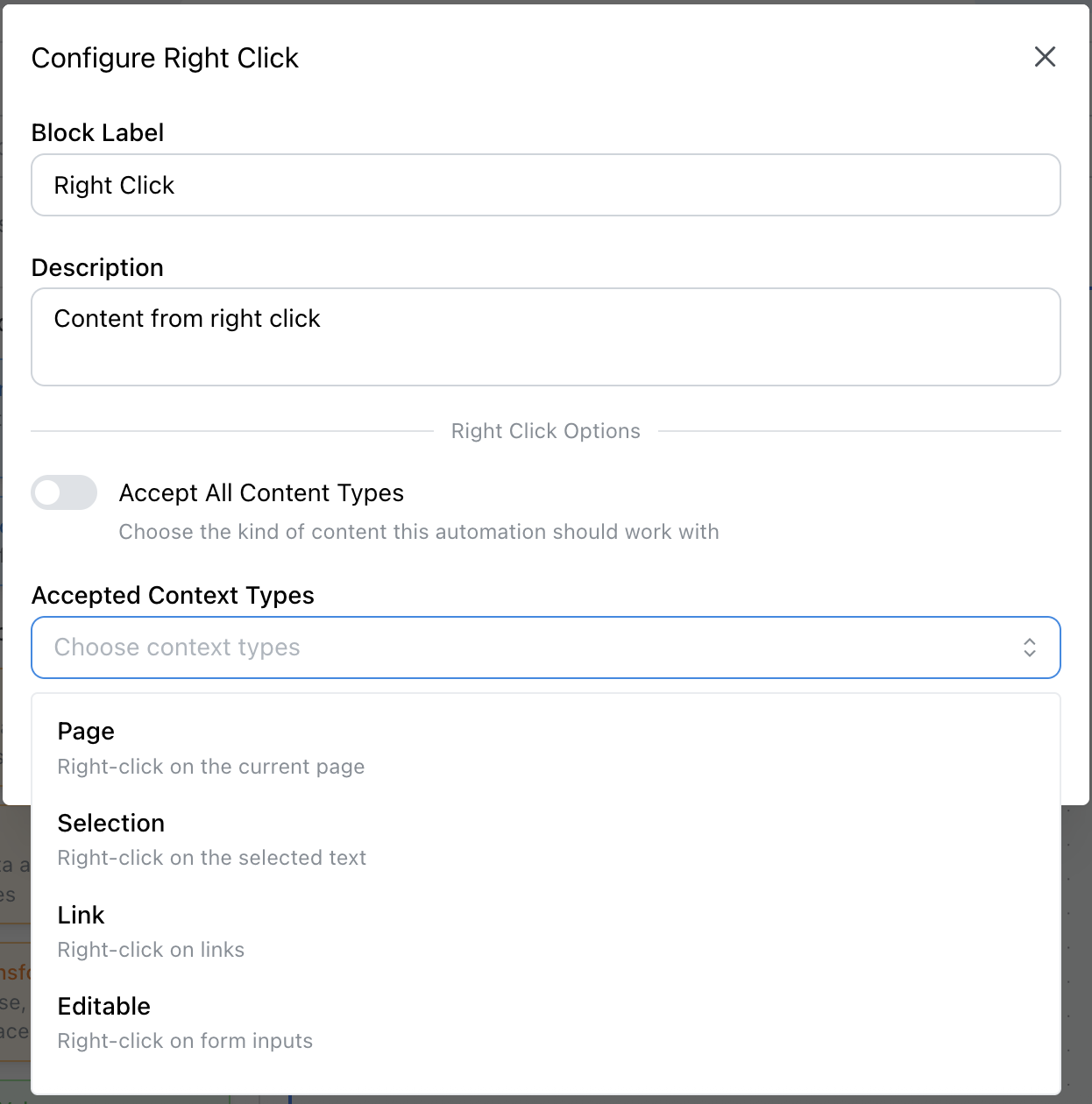 Right Click Block - Configuration interface for selected text and context