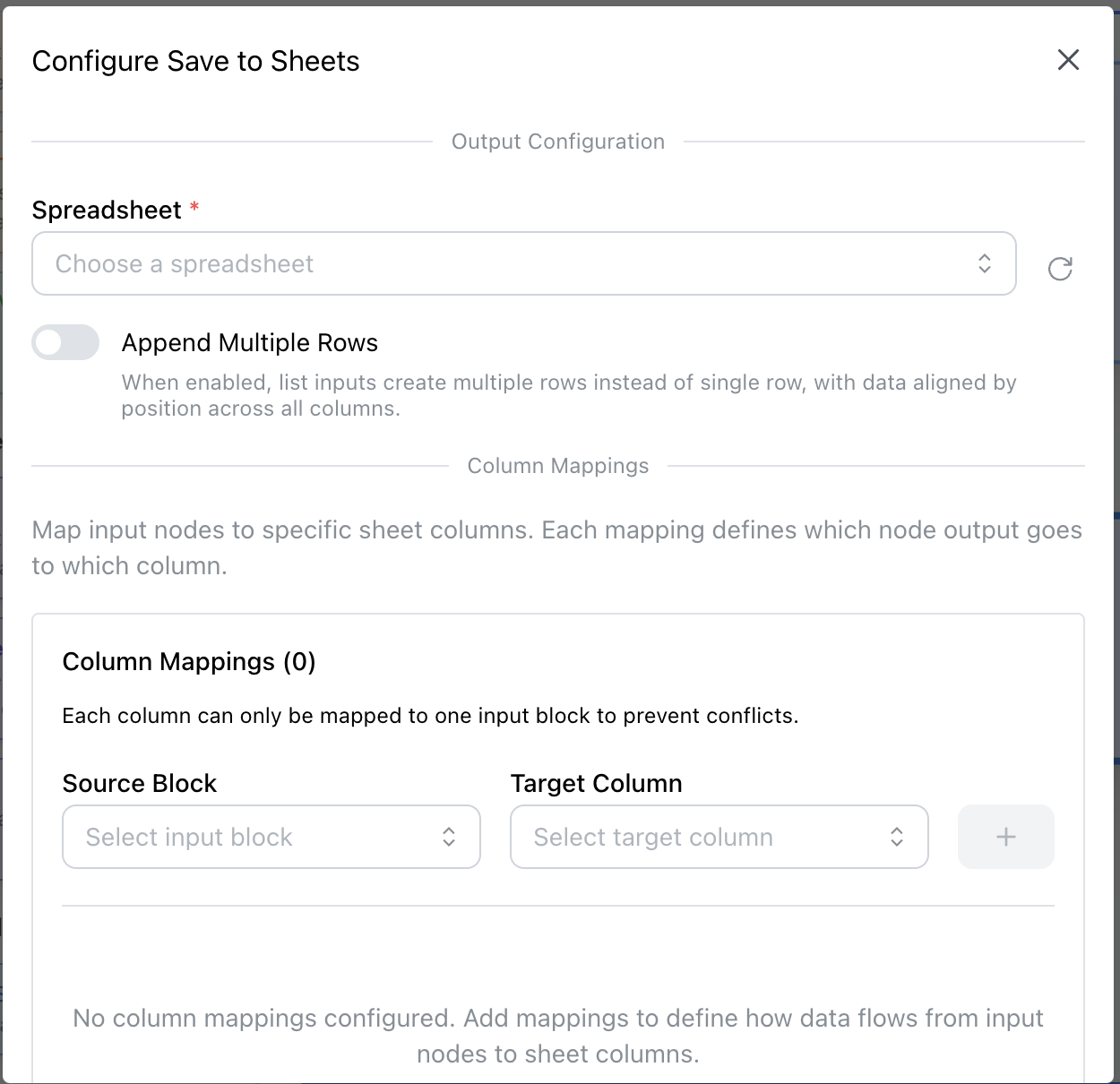 Save to Sheets Block - Configuration interface for Google Sheets integration and column mapping