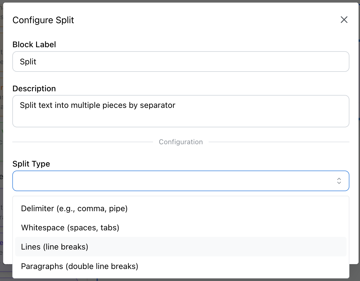 Split Block - Configuration interface for breaking text into separate items
