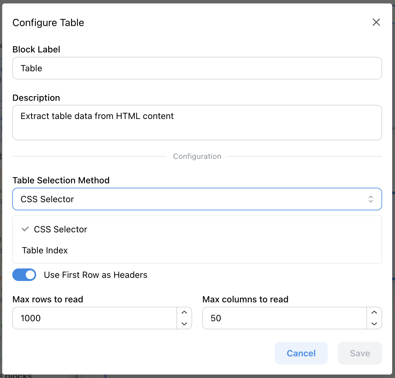 Table Block - Configuration interface for extracting HTML table data