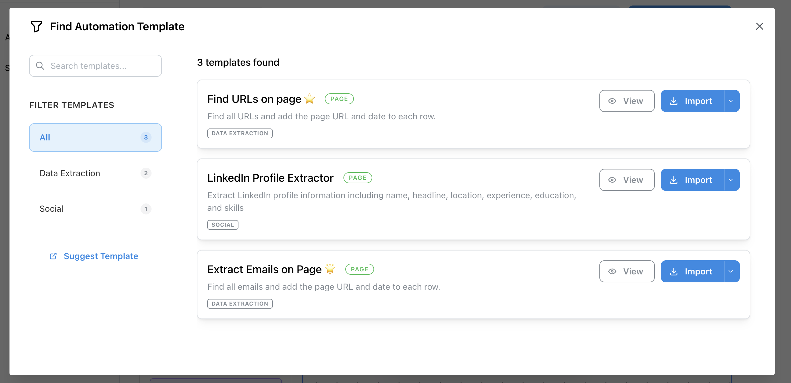Template Import Modal - Browse and import pre-built automation templates