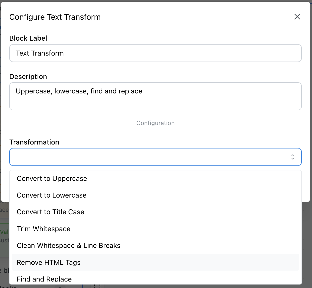 Text Transform Block - Configuration interface for text cleaning and formatting
